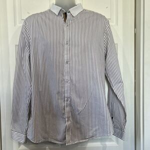 River Island Mens L Slim Fit Burgundy White Striped Dress Shirt Contrast Collar